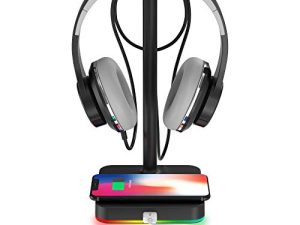 RGB Headphone Stand with Wireless Charger KAFRI Desk Gaming Headset Holder Hanger Rack with 10W/7.5W QI Charging Pad and QC 3.0 USB Port - Suitable for Gamer Desktop Table Game Earphone Accessories