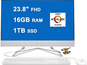 HP 24 All-in-One Desktop Computer 23.8" FHD WLED Anti-Glare Display AMD Athlon Silver 3050U Processor 16GB RAM 1TB SSD Pop-Up Webcam DVD-RW HDMI Win11 White + HDMI Cable