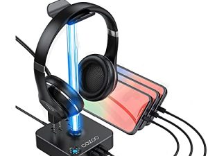 RGB Headphone Stand with USB Charger COZOO Desktop Gaming Headset Holder Hanger with 3 USB Charger and 2 Outlets - Suitable for Gaming