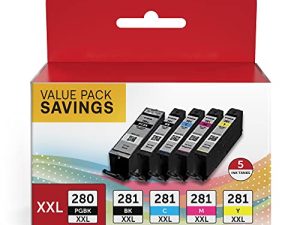 PGI-280XXL/CLI-281XXL Compatible Ink Cartridge Replacement for Canon Ink 280 and 281 Cartridge High Yield Use to PIXMA TR7520 TR8520 TR8500 TR8600 TR8620 TS6120 TS6220 TS9120 (5 Value Pack)