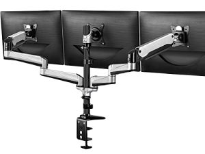 HUANUO Triple Monitor Stand - Full Motion Articulating Gas Spring Monitor Mount Fit Three 17 to 32 inch Flat/Curved LCD Computer Screens with Clamp