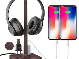 cozoo Headphone Stand & Power Strip 2 in 1 Desk Gaming Headset Holder with 3 USB Charging Ports and 2 Power Outlets Earphone Hanger Accessories for Desktop Gamer Headset Stand (Walnut Wood)