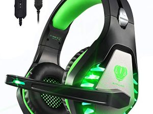 Pacrate 7.1 USB Stereo Gaming Headset with Microphone LED Lights PC Wired Over-Ear Headset for Kids and Adults(Black Green)