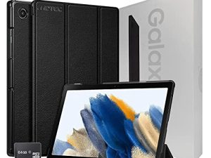 2022 Samsung Galaxy Tab A8 10.5” Inch 32 GB Wi-Fi Android 11 Touchscreen International Tablet Bundle – MDTec Hard Back Tri-Fold Stand Cover Case and 64GB microSD Card [Gray]