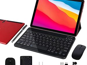 JUSYEA 2022 Android 10 Tablet 10.1 inch J5-W Tablets Ultra-Portable- RAM 4GB | 64GB Expandable -8000mAh Battery - WiFi —Mouse | Keyboard and More -Red