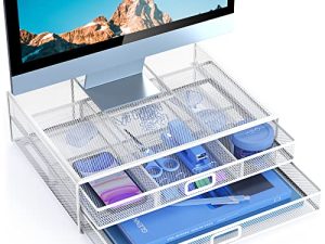HUANUO Monitor Stand Riser with Drawer - Mesh Metal Desk Organizer PC