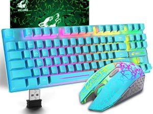 Wireless Gaming Keyboard and Mouse Combo with 87 Key Rainbow LED Backlight Rechargeable 3800mAh Battery Mechanical Feel Anti-ghosting Ergonomic Waterproof RGB Mute Mice for Computer PC Gamer (Blue)