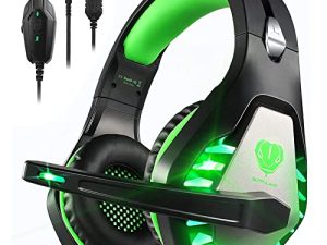 Pacrate Gaming Headset with Microphone for PC PS4 Headset Xbox One Headset Noise Cancelling Gaming Headphones for Switch PS5 Headset with LED Lights for Kids Adults Black Green